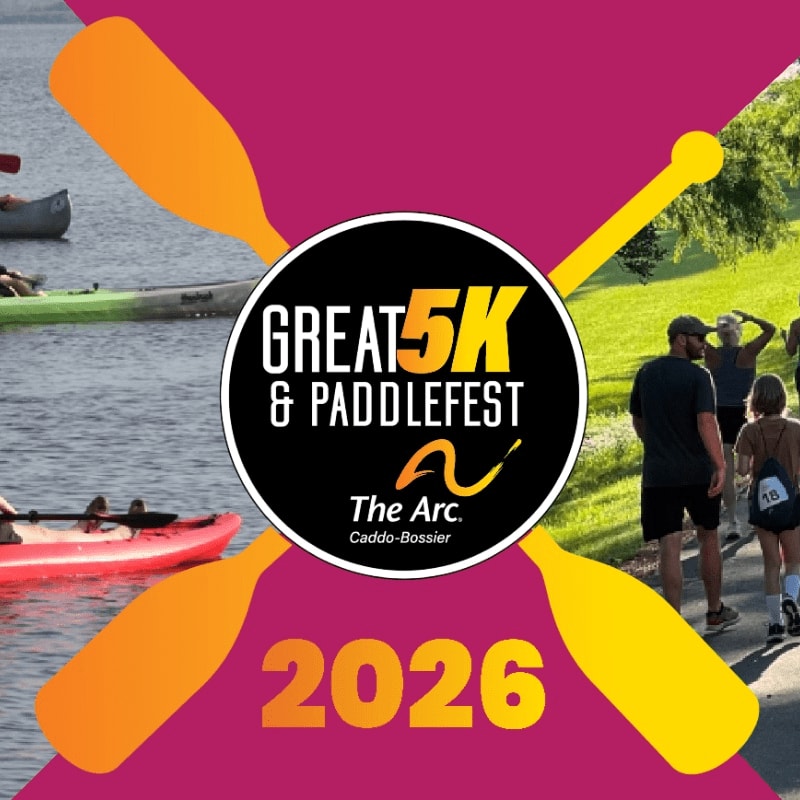 A circular logo for the "Great 5K & Paddlefest 2026" is centered over a background of people kayaking on a river and walking along a sunny path.