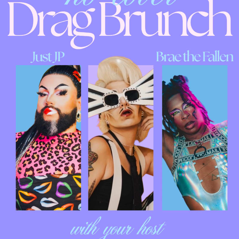 Three drag performers are featured in separate vertical panels against a purple background with white text.
