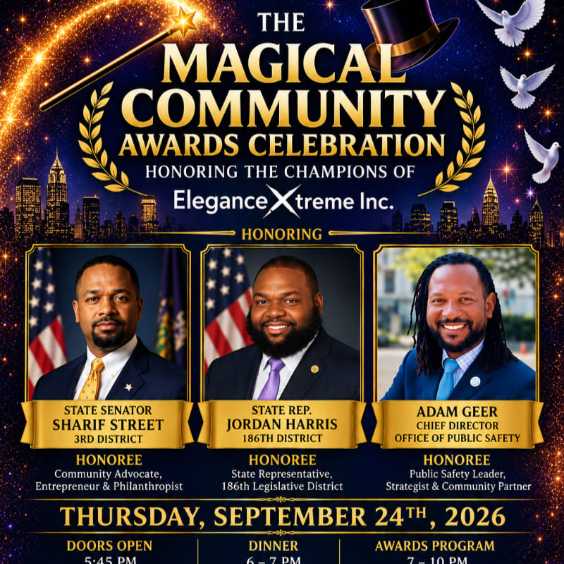 Three men's portraits are featured in the foreground of an event flyer, set against a magical night sky background with a city skyline, a magic wand, and white doves.