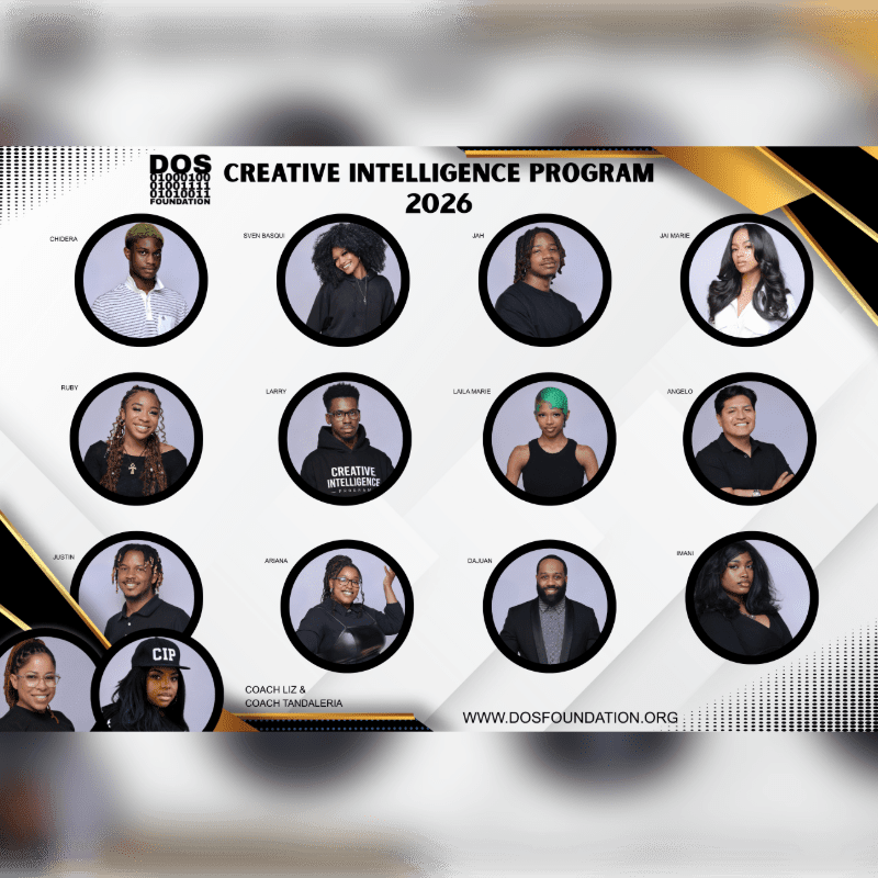 Twelve circular portraits of program participants are arranged in a grid over a white background featuring the "Creative Intelligence Program 2026" heading and DOS Foundation branding.