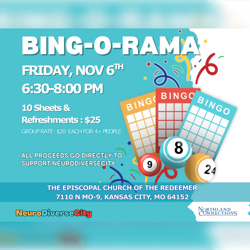 A promotional flyer for "BING-O-RAMA" features event details and bingo graphics in the foreground against a light blue background.