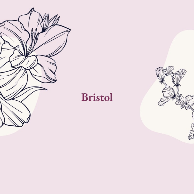 The word "Bristol" is centered in purple text, flanked by black line-art floral illustrations on a pale pink background.