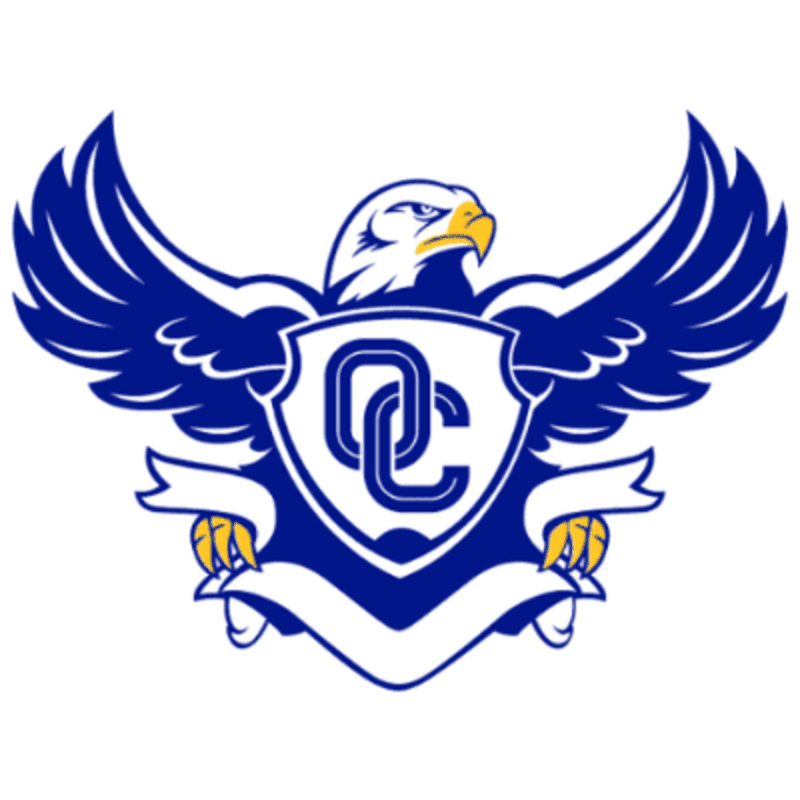 A blue and white eagle with outstretched wings hovers over a shield with intertwined letters, all set against a plain white background.