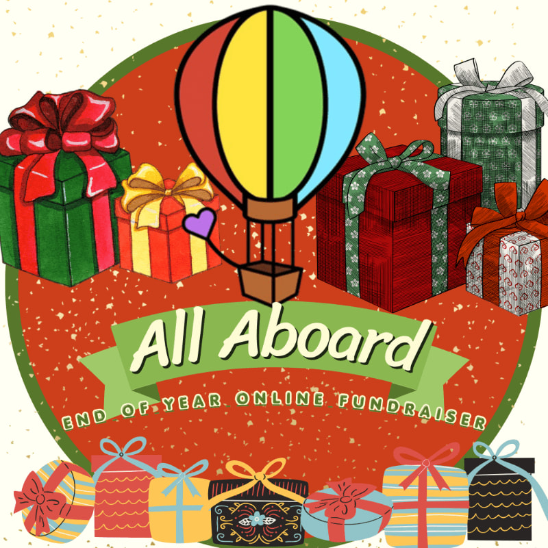 A colorful hot air balloon and various wrapped gift boxes sit atop a red circular background with the text "All Aboard End of Year Online Fundraiser," while more gifts line the bottom foreground.