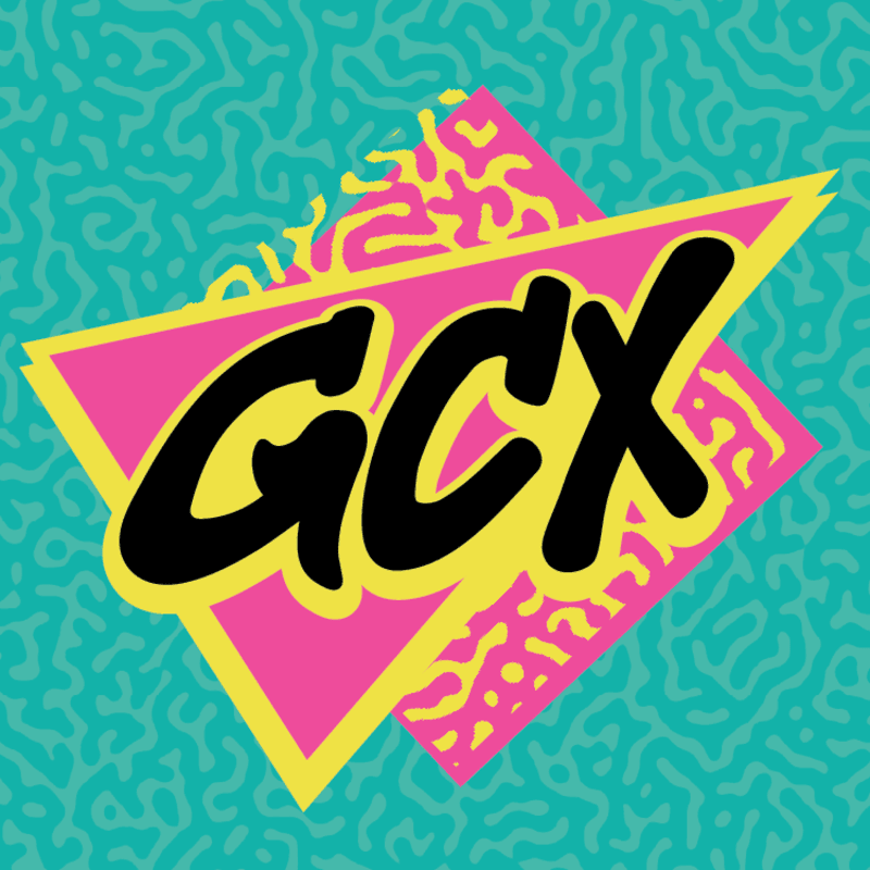Black "GCX" text sits on a pink and yellow geometric shape against a teal patterned background.