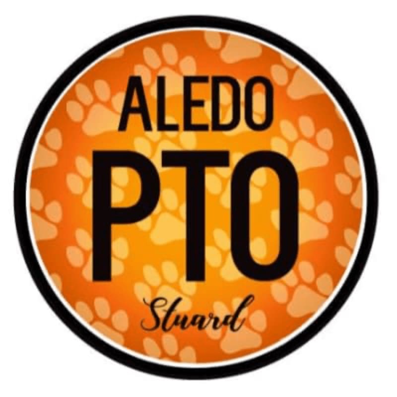 A black and orange circular logo with "ALEDO PTO" in large black letters in the foreground, set against a background of faint orange paw prints.
