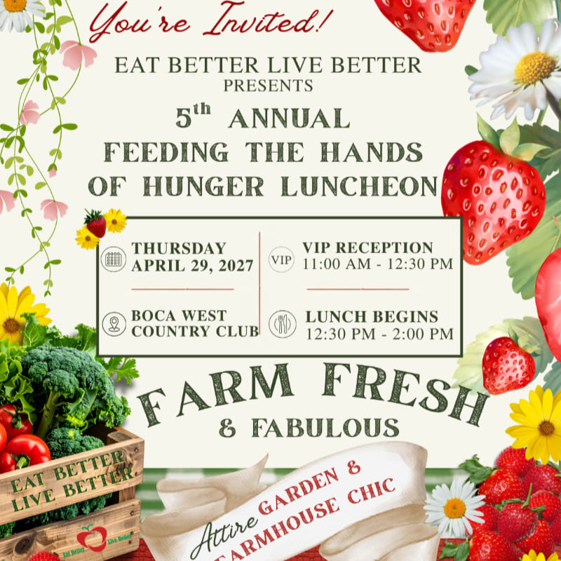 An invitation for the 5th Annual Feeding the Hands of Hunger Luncheon is centered in the foreground, surrounded by a background of vibrant strawberries, daisies, and fresh vegetables.