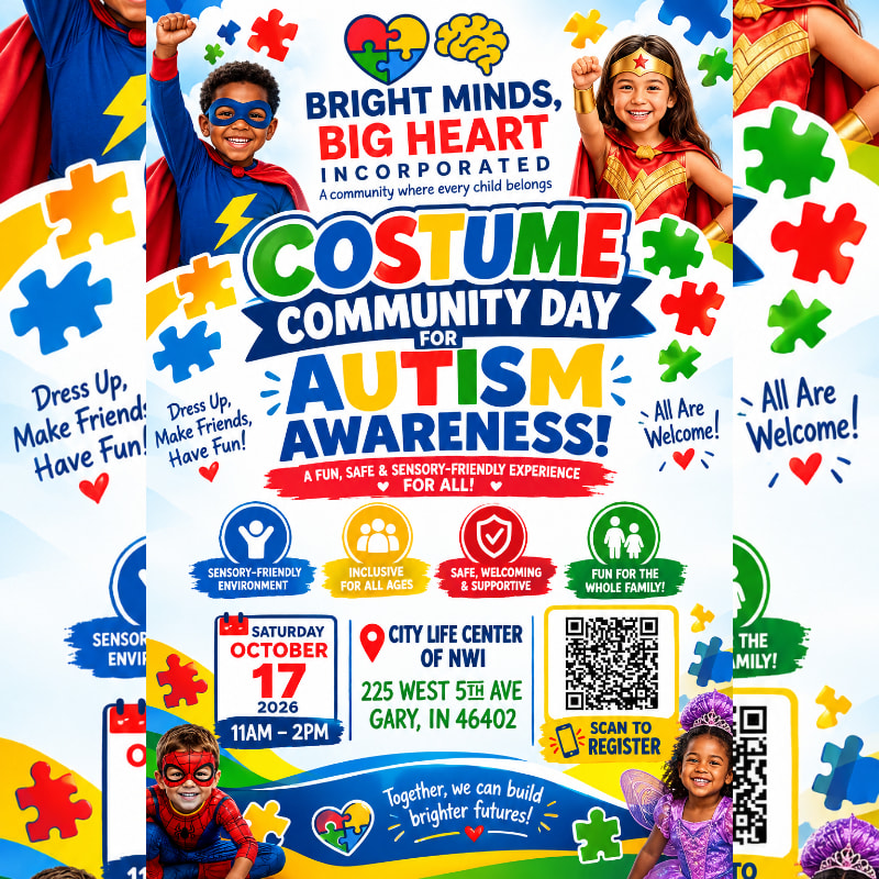 A colorful event flyer for "Costume Community Day for Autism Awareness" features children in superhero costumes in the foreground and a white background filled with puzzle pieces and event details.