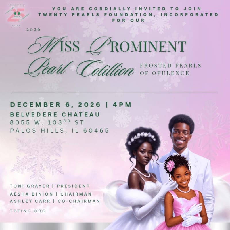 An invitation for the "Miss Prominent Pearl Cotillion" features a young girl and two adults in formal white attire in the foreground against a soft purple background decorated with snowflakes.