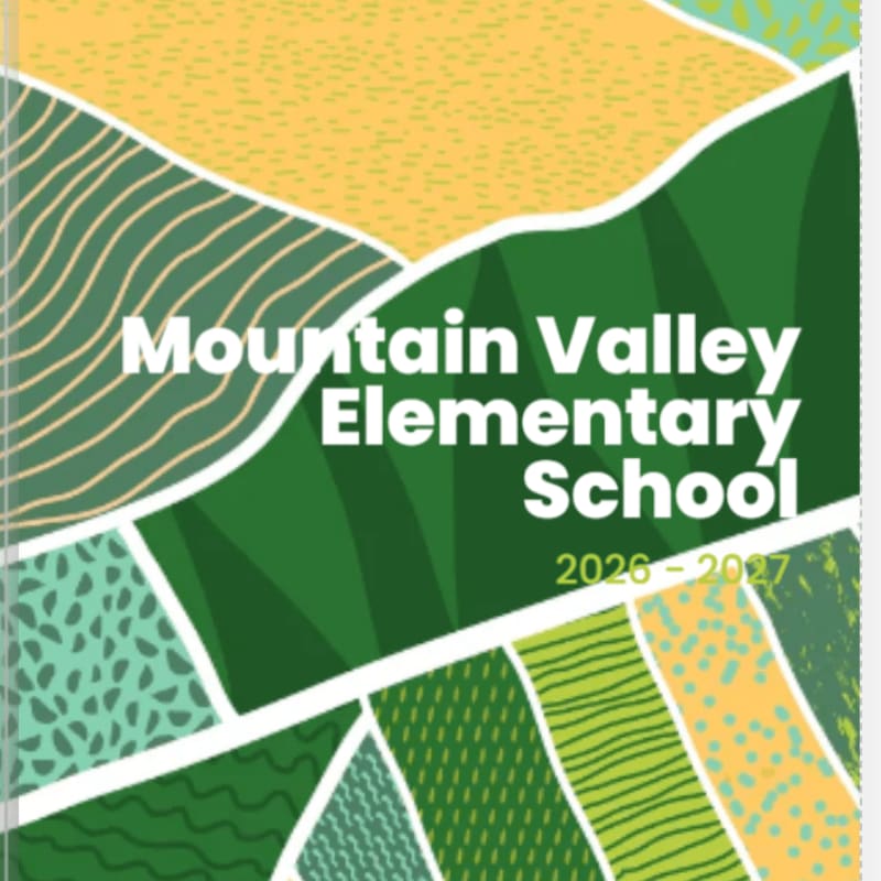 White text reading "Mountain Valley Elementary School 2026 - 2027" sits in the foreground over a background of colorful, patterned abstract shapes in shades of green and yellow.