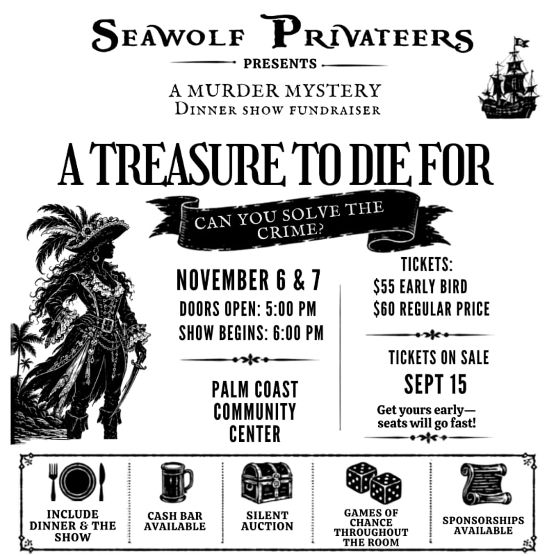 A pirate woman stands in the foreground of a black and white event flyer featuring text and a sailing ship in the background.