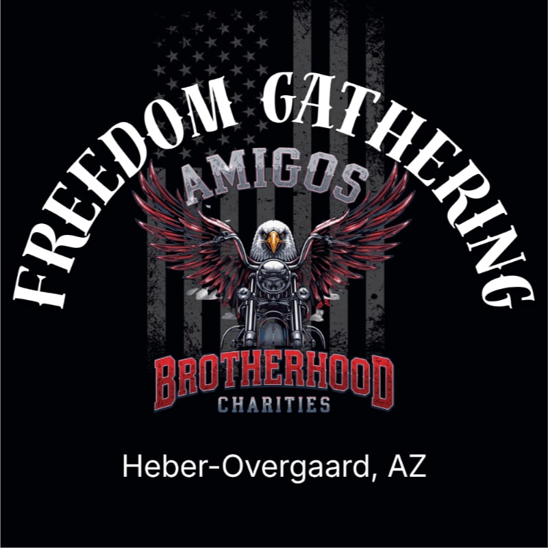 A bald eagle with outstretched wings sits atop a motorcycle in the foreground, set against a faded American flag and black background with the text "FREEDOM GATHERING," "AMIGOS," "BROTHERHOOD CHARITIES," and "Heber-Overgaard, AZ."