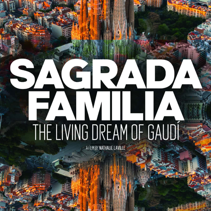 Bold white text reading "SAGRADA FAMILIA" overlays an aerial view of the basilica and the surrounding city of Barcelona, mirrored vertically.