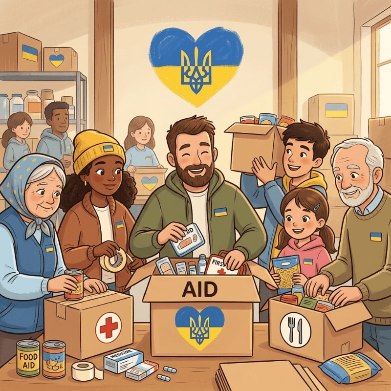 A diverse group of people pack boxes of food and medical supplies in a room decorated with Ukrainian symbols.