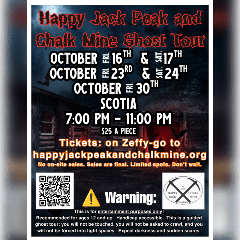 A promotional flyer for a ghost tour features bold red and white text in the foreground against a dark, spooky background of a wooden building and a night sky.