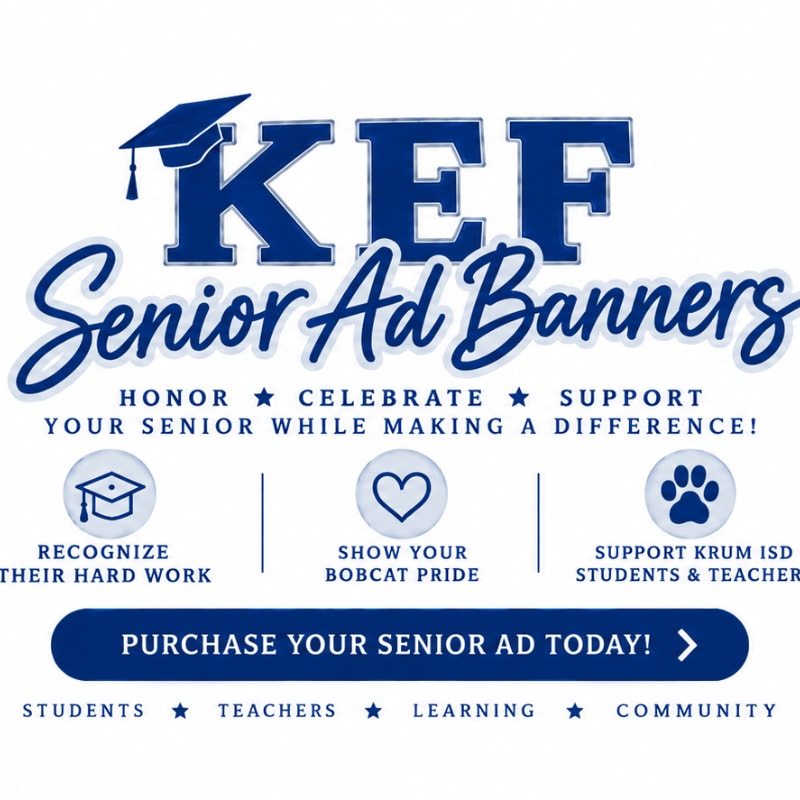 Blue and white promotional text for KEF Senior Ad Banners is centered against a plain white background.