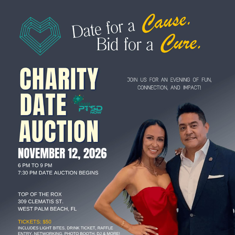 A smiling couple in formal attire stands in the foreground against a dark grey background featuring text and graphics for a charity date auction.