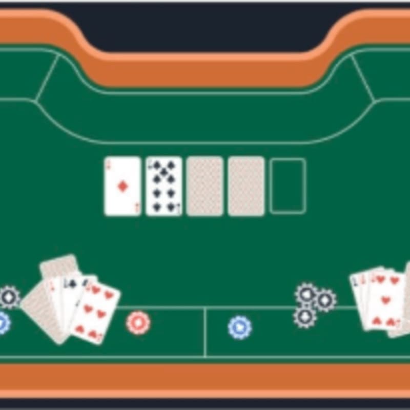 Playing cards and casino chips are scattered across a green felt poker table with a brown padded border.