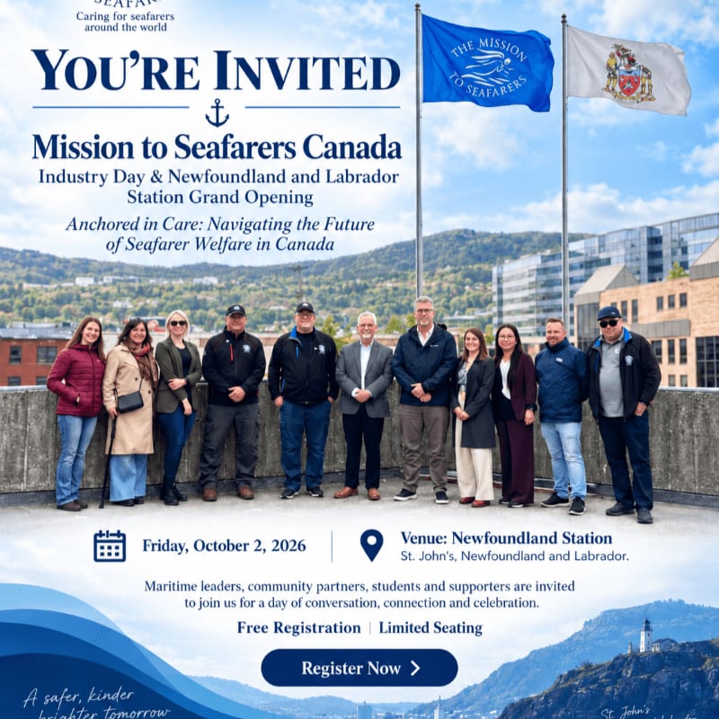 A group of people stands in the foreground of an invitation flyer, with a city skyline and two flags waving in the background.