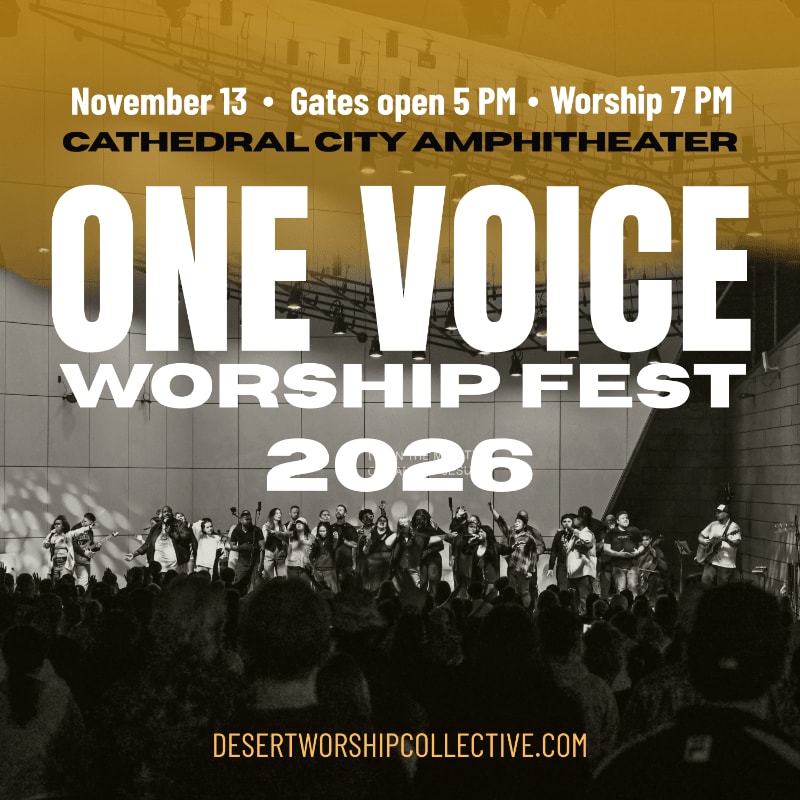 Bold white text announcing the "One Voice Worship Fest 2026" overlays a black-and-white photo of a musical group performing before a large crowd in an amphitheater.
