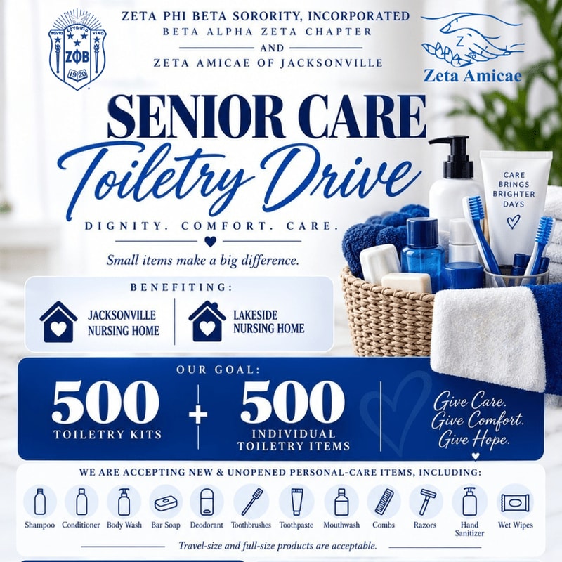A promotional flyer for a senior care toiletry drive features text and donation goals in the foreground, with a basket of hygiene products and a blurred indoor background.