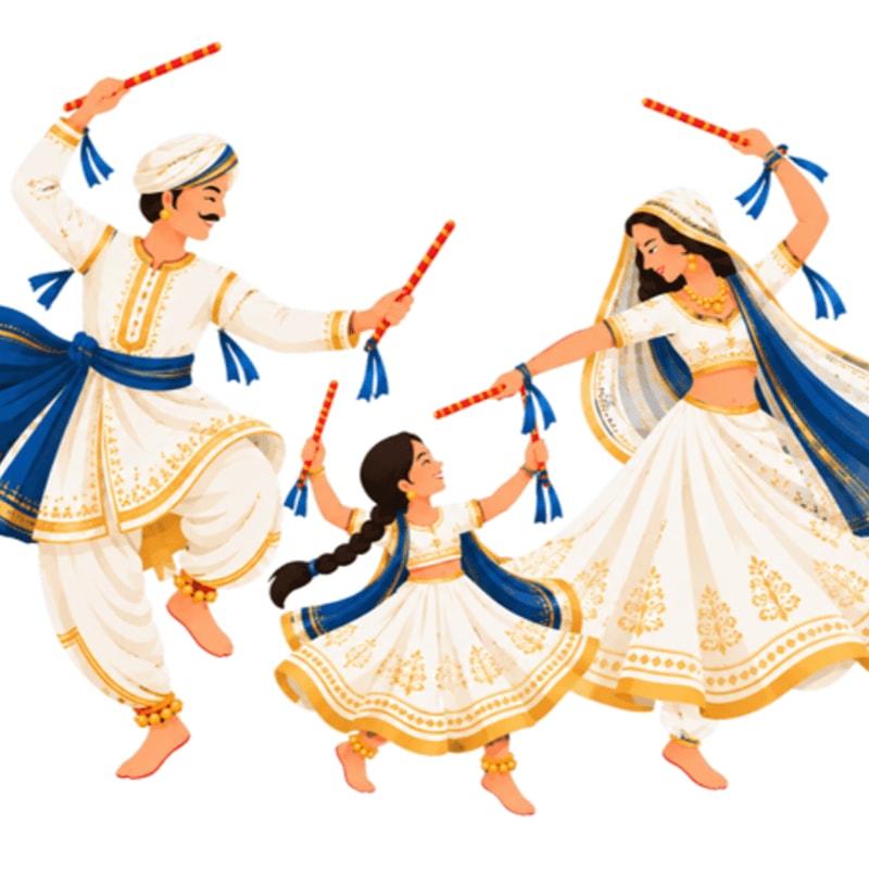 A man, woman, and young girl in traditional white and blue Indian attire dance with sticks against a plain white background.