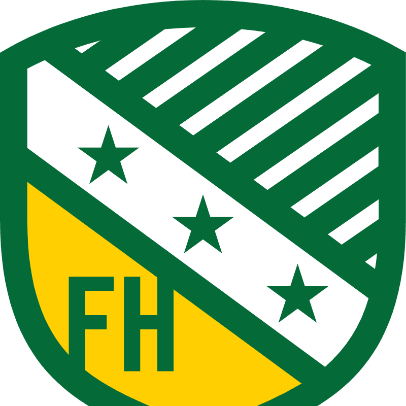 A green shield featuring a white diagonal band with three green stars and a yellow bottom section containing the letters "FH" against a background of green and white diagonal stripes.