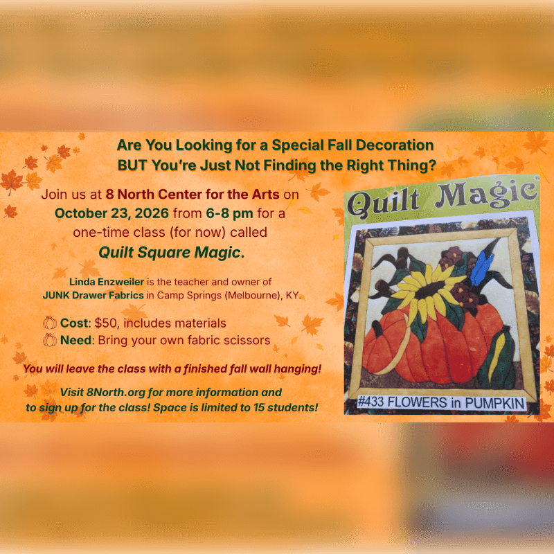 An orange promotional flyer for a "Quilt Square Magic" class features text and a sample quilt square in the foreground against a blurred orange background.