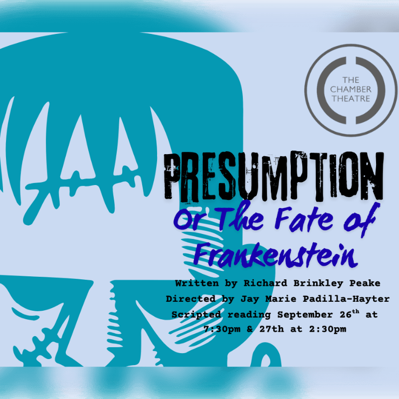 A stylized teal silhouette of Frankenstein's monster dominates the foreground against a light blue background featuring a theater logo and play details.