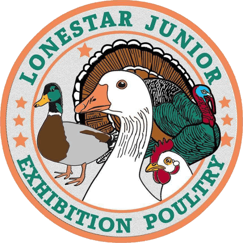A mallard duck, a goose, and a chicken are in the foreground, with a turkey's tail feathers in the background, all within a circular emblem that reads "LONESTAR JUNIOR EXHIBITION POULTRY."