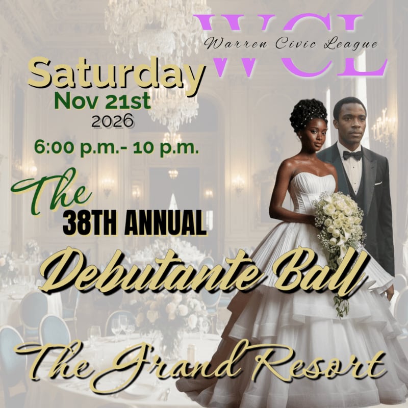 A young couple in formal attire stands in the foreground of an event flyer, set against a blurred background of a luxurious ballroom with chandeliers and dining tables.