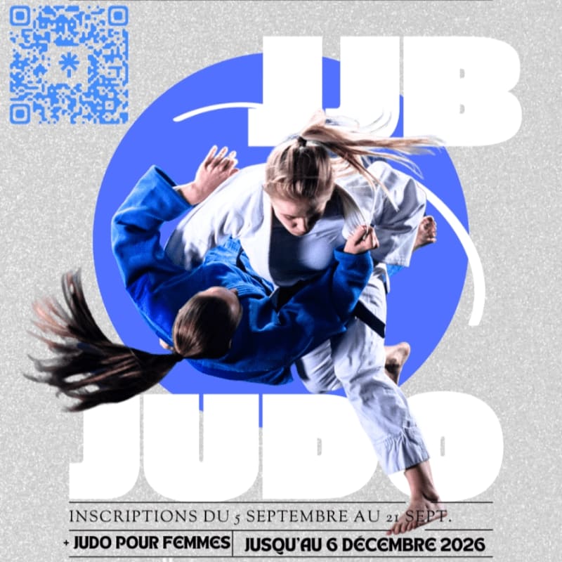 Two women in judo uniforms engage in a throw against a background featuring a blue circle, large white text, and a QR code.