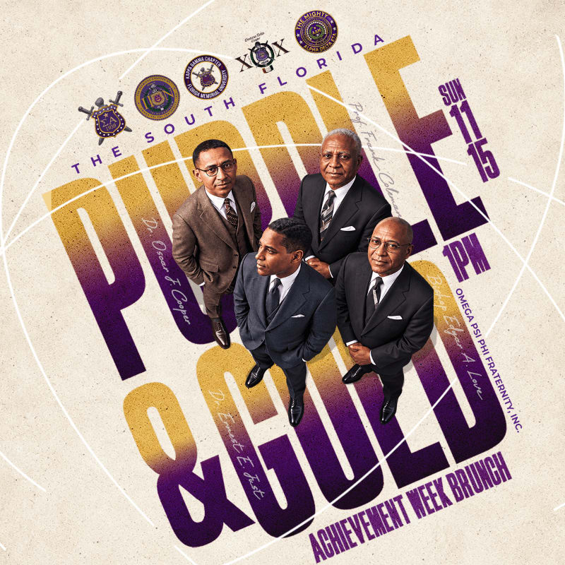Four men in suits stand in the foreground against a textured beige background featuring large purple and gold text and various organizational emblems.