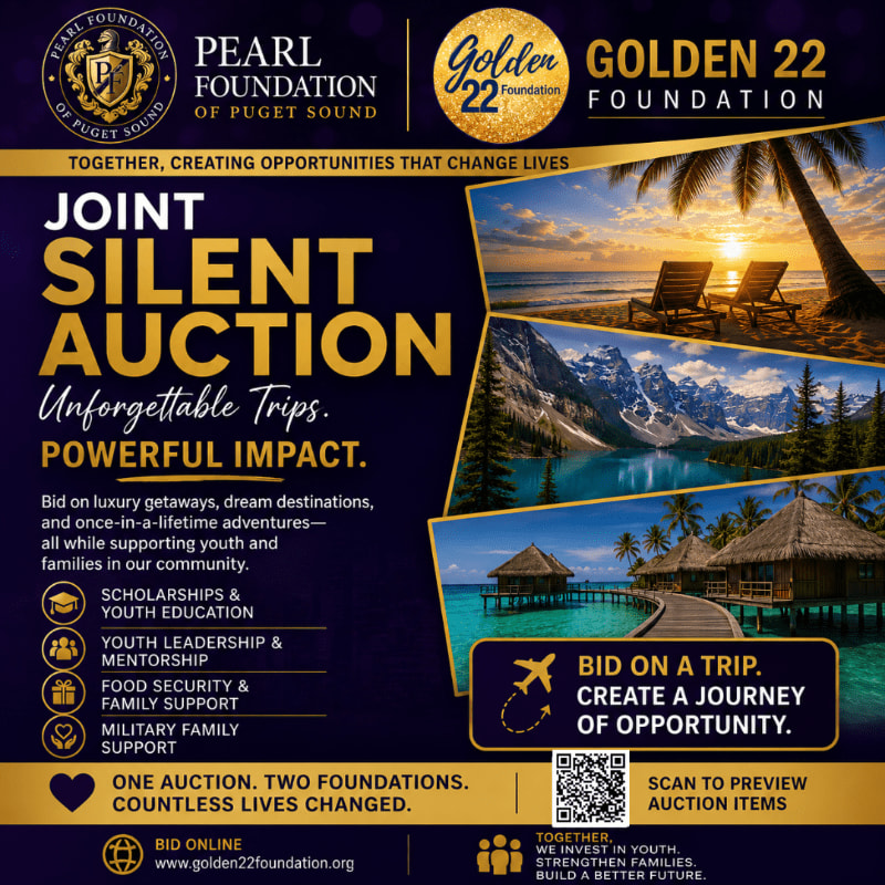 A promotional flyer for a joint silent auction features bold gold and white text on a dark blue background in the foreground, with a collage of tropical beach and mountain landscapes in the background.