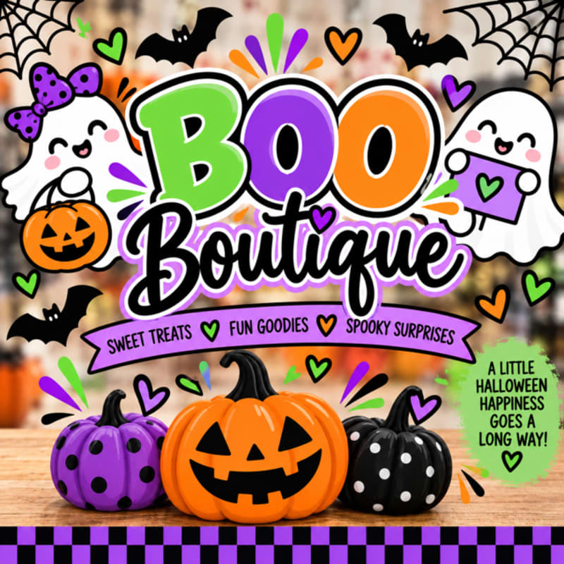 Three colorful pumpkins sit in the foreground beneath a "Boo Boutique" sign and ghosts, set against a blurred indoor background.