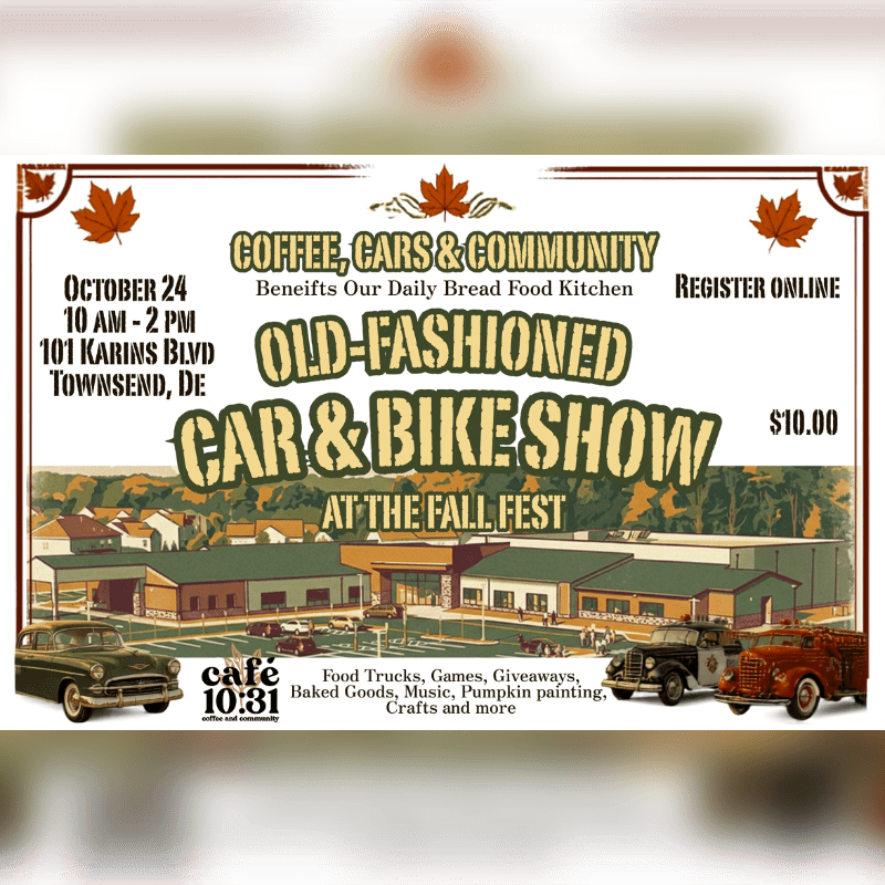 An event flyer for an "Old-Fashioned Car & Bike Show" features vintage cars in the foreground and a stylized illustration of a building and parking lot in the background.