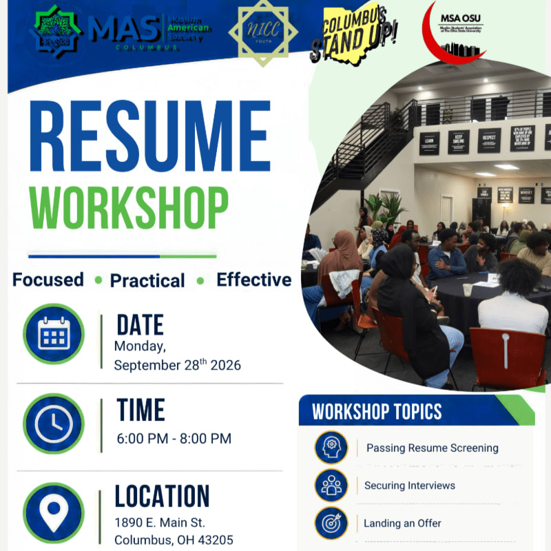 A promotional flyer for a resume workshop is superimposed over a background photo of people attending a seminar in a modern indoor space.