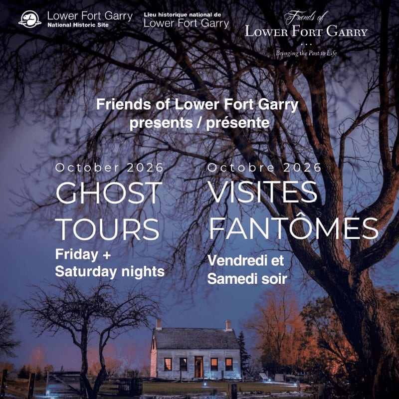 Text announcing ghost tours in October 2026 is overlaid on a dark, atmospheric scene featuring a small lit house and bare trees against a twilight sky.