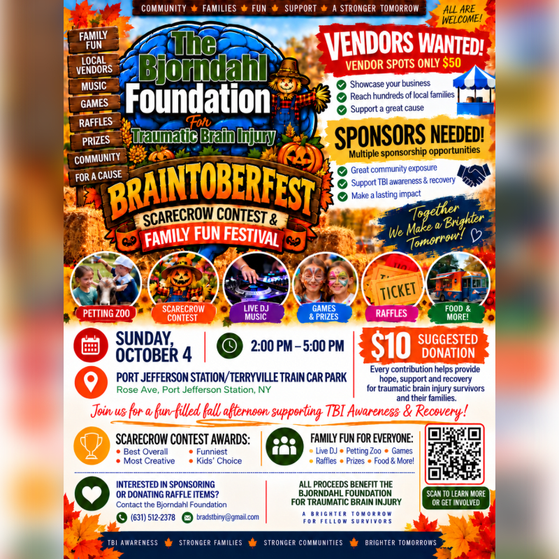 A colorful event flyer for "Braintoberfest" features autumn-themed graphics and event details in the foreground against a background of hay bales and a fall landscape.