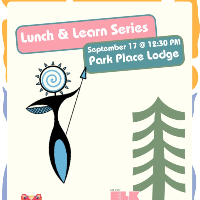 A stylized bow and arrow and a green pine tree are set against a light background with event details for a "Lunch & Learn Series" at Park Place Lodge.
