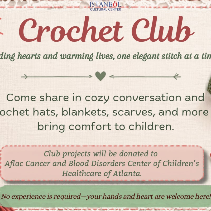 Red and black text promoting a Crochet Club is layered over a light-colored background with decorative borders and a small heart icon.
