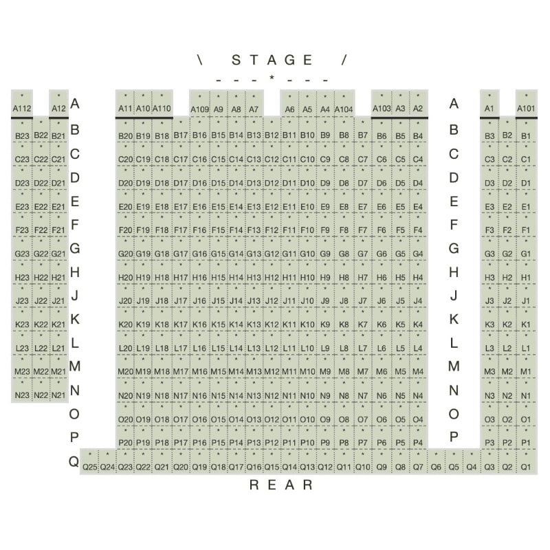 A seating chart for a venue is displayed against a plain white background, featuring a grid of labeled seats organized by rows and sections between a stage and the rear.