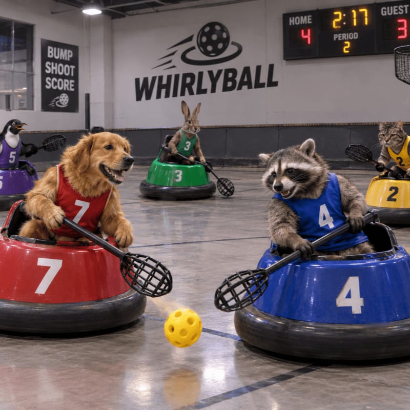 Animals in colorful bumper cars play Whirlyball in an indoor arena with a scoreboard and logo in the background.