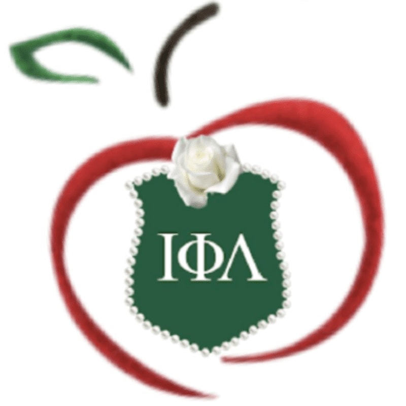 A green shield with white Greek letters and a white rose sits inside a red apple outline against a plain white background.