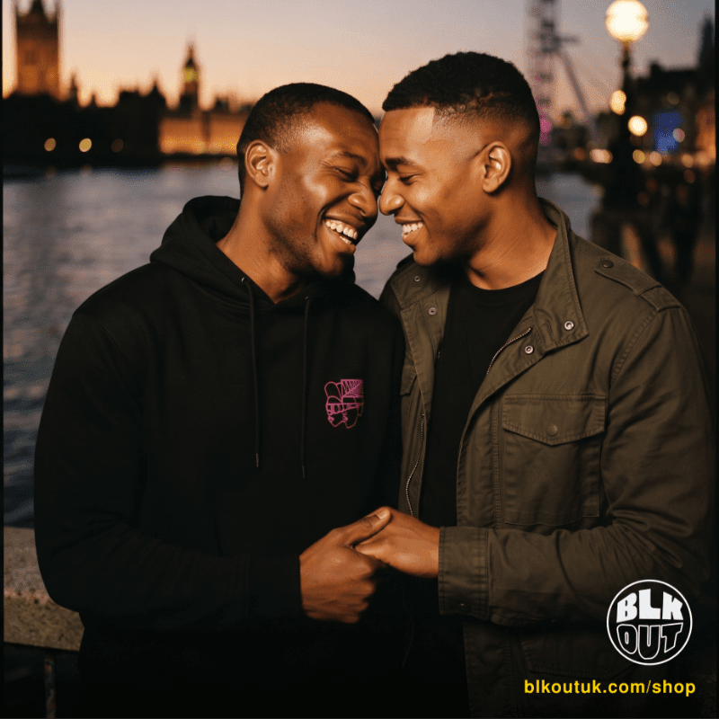Two smiling men hold hands in the foreground against a backdrop of a river and the London skyline at dusk.