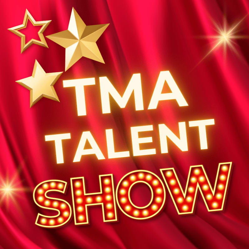 Bold text reading "TMA TALENT SHOW" and gold stars sit in the foreground against a backdrop of draped red curtains.