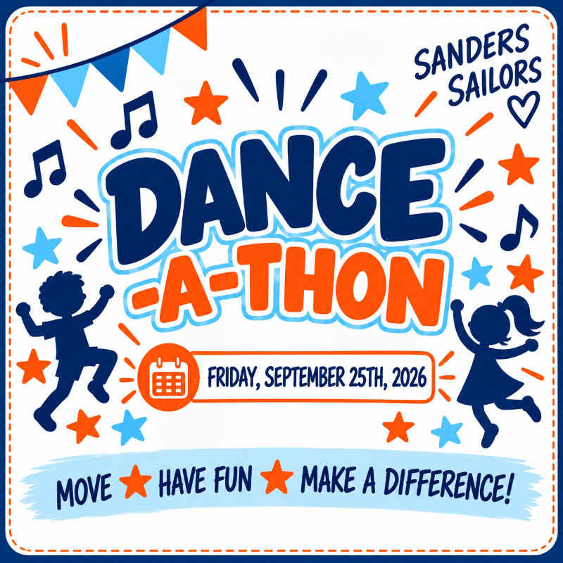 A colorful "Dance-A-Thon" announcement featuring dancing silhouettes and stars in the foreground against a white background with festive banners and event details.