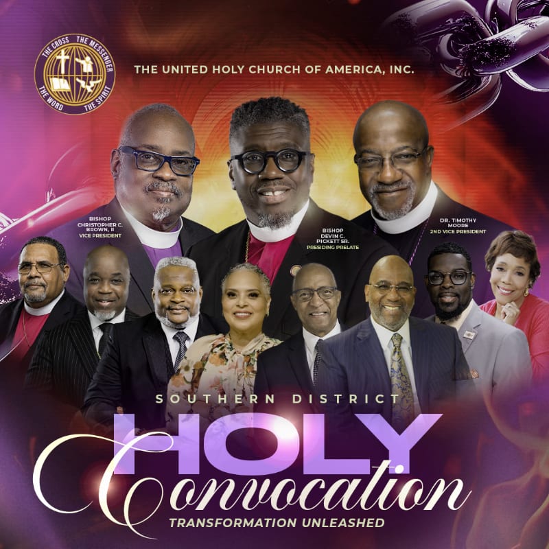 A group of religious leaders in formal attire are positioned in the foreground against a dark, abstract red and purple background with a logo and event text.