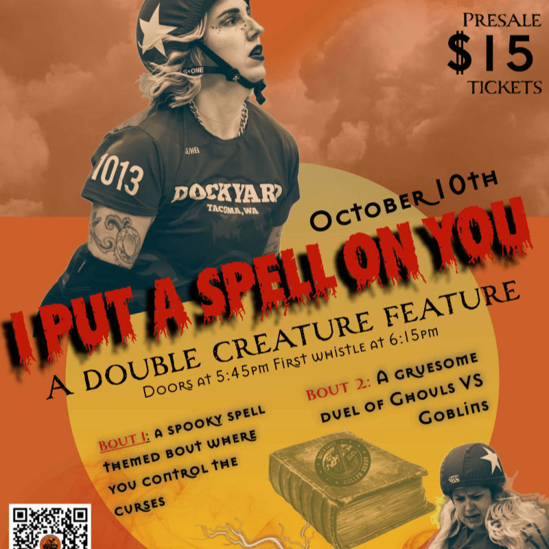 A roller derby athlete in a helmet and jersey stands in the foreground against a backdrop of orange-tinted clouds and event text.