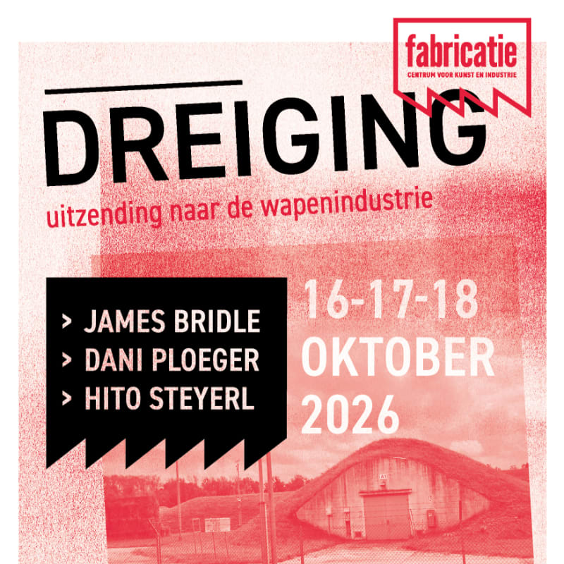 Bold black and red text advertising an event titled "DREIGING" overlays a red-tinted background image of a concrete bunker.